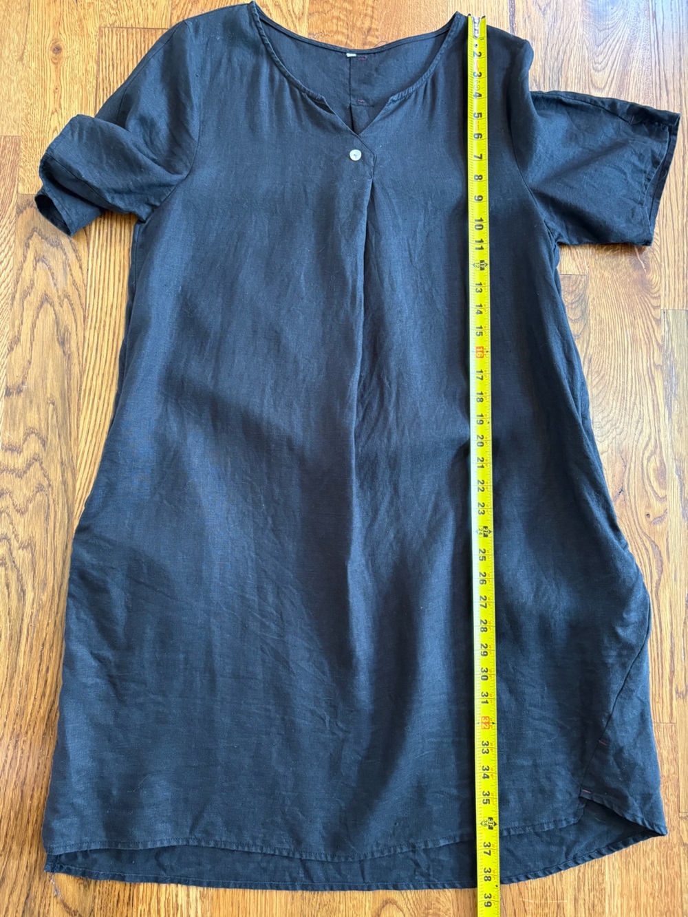 Minimalist 100% Linen Shift Dress Pockets Short Sleeve Lagenlook Black M - Picture 8 of 13
